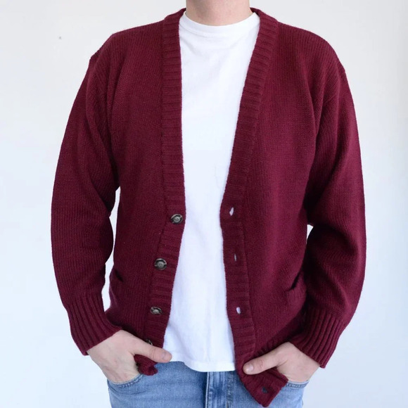 Vintage '90s Leishman Maroon Knit Eclectic Grandpa Button Up Cardigan Sweater S - Picture 3 of 11